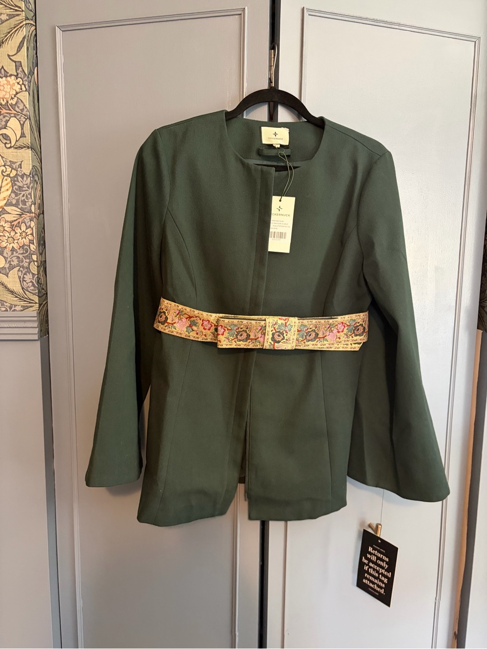 Tuckernuck Womens Olive Green Embroidered Belted Jacket